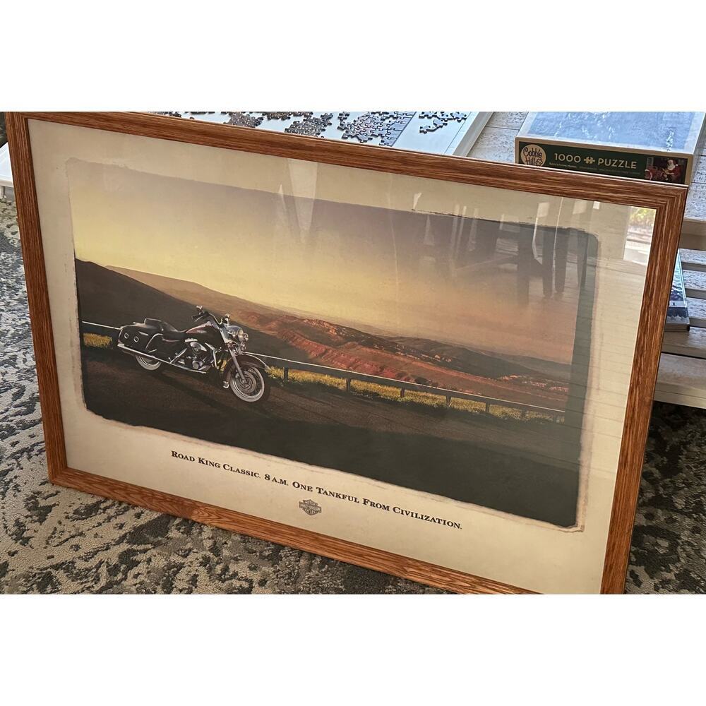 Harley Davidson Road King Classic Wood Framed Under Glass Print 38" X 26” - Picture 1 of 1